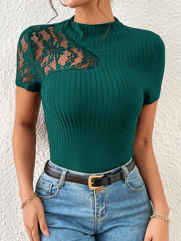 SHEIN Privé Camiseta con encaje en contraste de cuello alto - Imagen 8