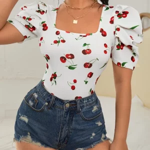 SHEIN Privé Blusa con estampado de cereza de manga