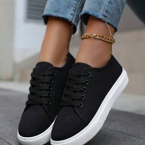 Women's Thick Soled Canvas Sneakers, Flat Lace-Up Athletic Shoes