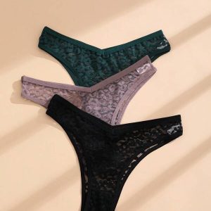 3 piezas Bragas sin costuras con cintura en V para mujer, bikini de encaje sexy