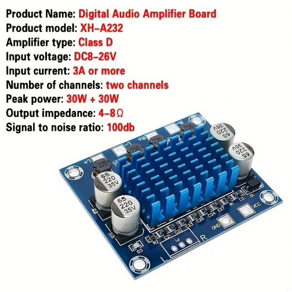 Placa Amplificadora De Potencia De Audio Estéreo Digital DC 8-26V 3A C6-001, TPA3110 XH-A232 30W + 30W 2,0 - Imagen 4