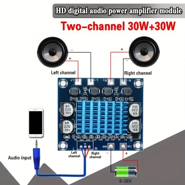 Placa Amplificadora De Potencia De Audio Estéreo Digital DC 8-26V 3A C6-001, TPA3110 XH-A232 30W + 30W 2,0 - Imagen 6