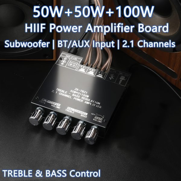 Placa amplificadora de graves de 2.1 canales ZK-TB21, 50 W + 50 W + 100 W HIFI, amplificador de potencia de subwoofer con control de graves y agudos - Imagen 2