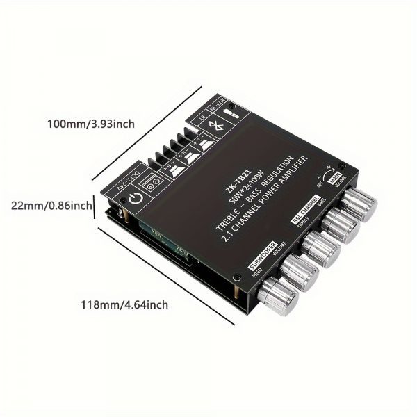 Placa amplificadora de graves de 2.1 canales ZK-TB21, 50 W + 50 W + 100 W HIFI, amplificador de potencia de subwoofer con control de graves y agudos - Imagen 6