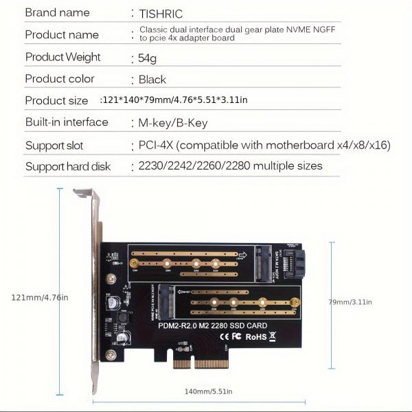 Adaptador TISHRIC Dual M.2 NVME a PCIe 4X - Llave B/M - Imagen 2