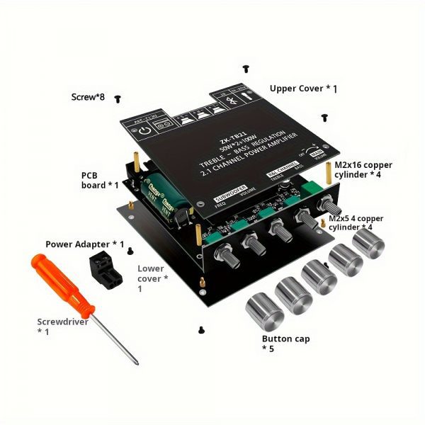 Placa amplificadora de graves de 2.1 canales ZK-TB21, 50 W + 50 W + 100 W HIFI, amplificador de potencia de subwoofer con control de graves y agudos - Imagen 4