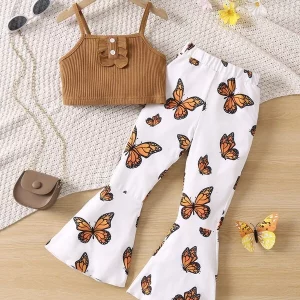 Young Girl Ruffle Trim Cami Top & Butterfly Print Flare Leg Pants