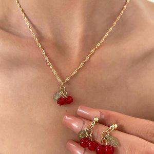 3pcs/set Delicate Cherry Necklace & Cute Earrings