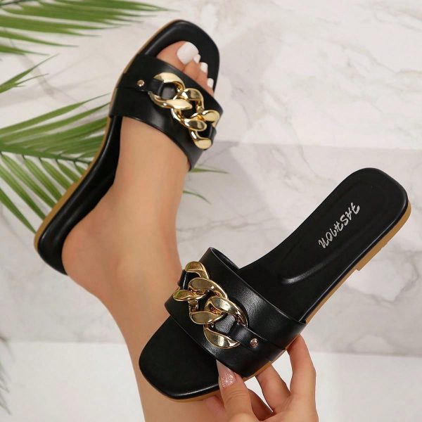 Women's Black Slipper, Flat Open Toe House Slipper - Imagen 9