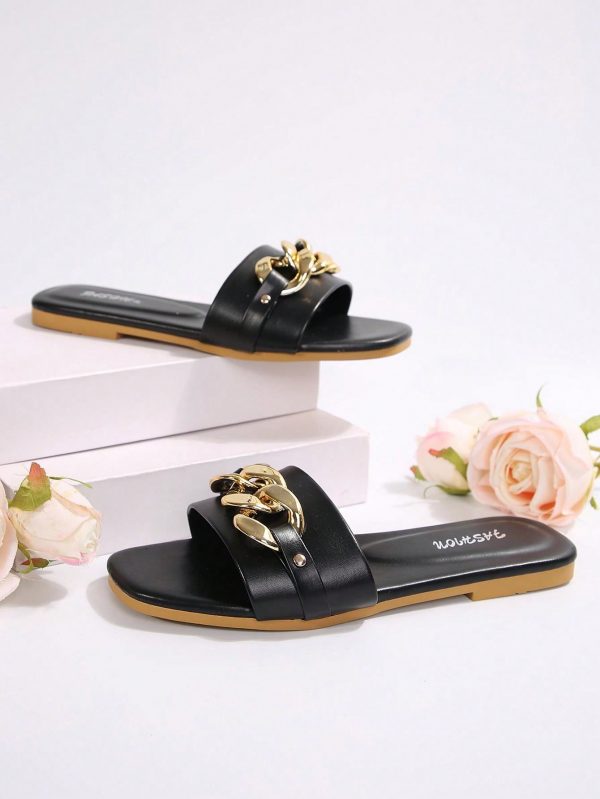 Women's Black Slipper, Flat Open Toe House Slipper - Imagen 12