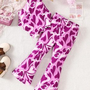 Young Girl Fashion Heart Knitted Halter Top And Flare Leg Pants Set
